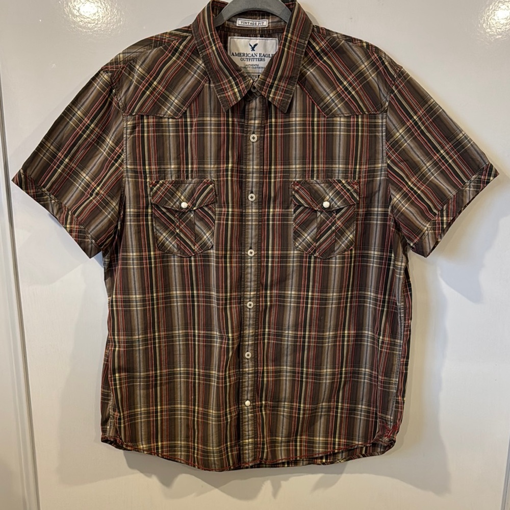 American Eagle Outfitters Brown and Red Casual Button Down Shirt